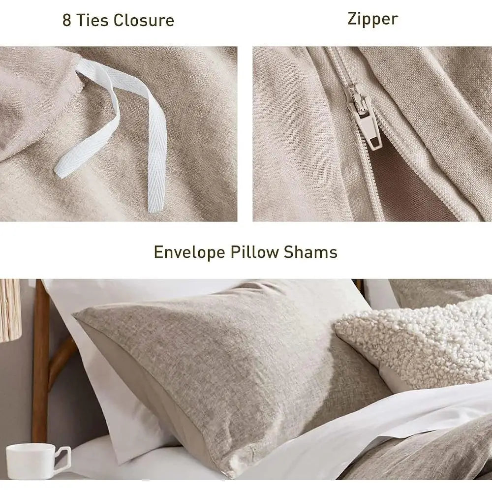 Linen Cotton Blend Duvet Cover Set Organic Natural Soft Bedding Queen Size 3Pcs Textured Minimalist Design Eco-Friendly Home