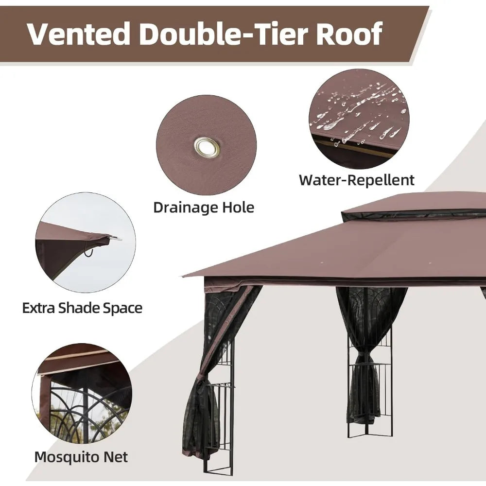 10' X 13' Outdoor Gazebo, Soft Double Roof Canopy Tent with Mosquito Netting, Party Tent Shelter with Corner Frame Shelves for