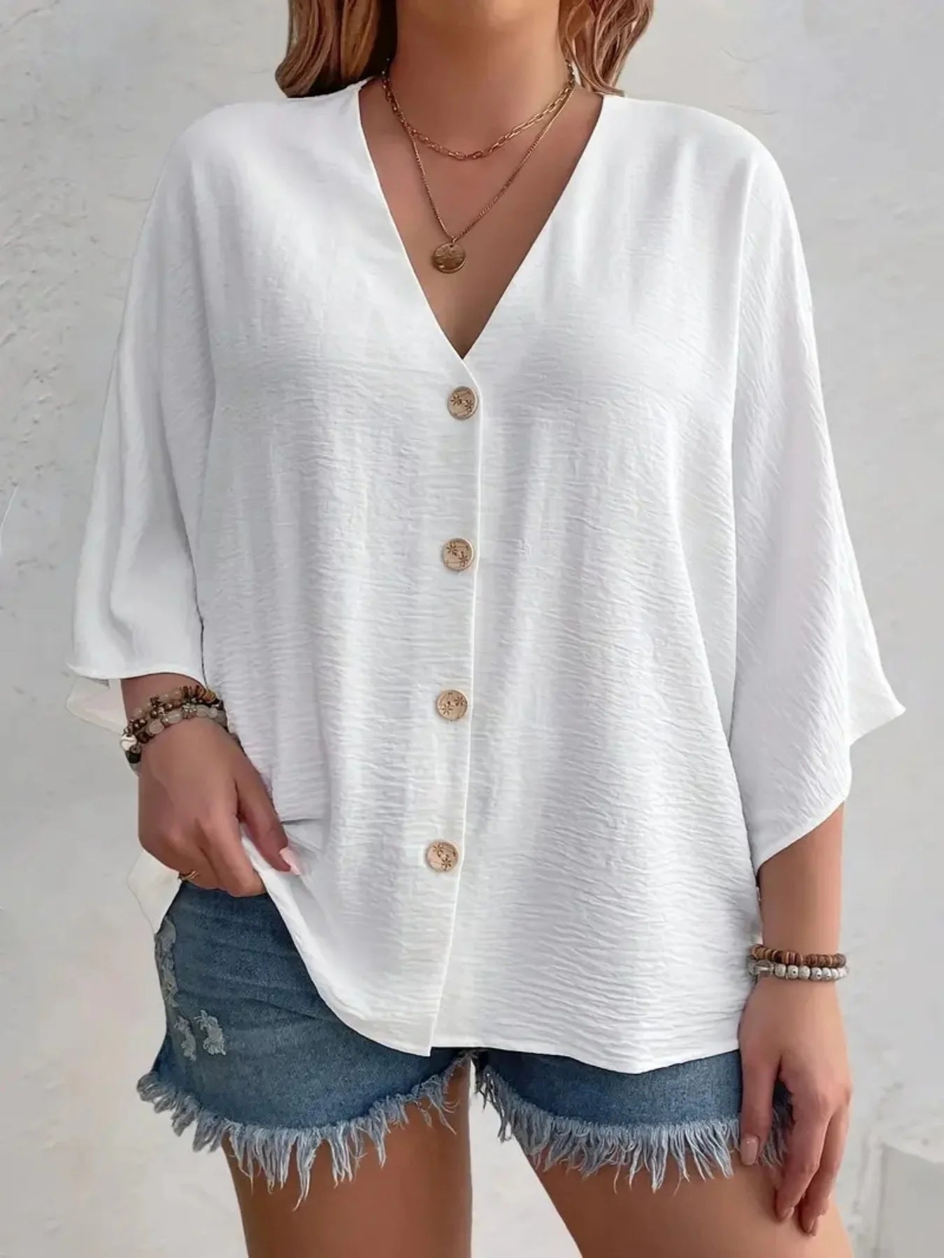 Plus Size Woman Casual T-shirt Solid Color Breathable Spring/summer V-neck Button Travel Wear American Style Female Clothing