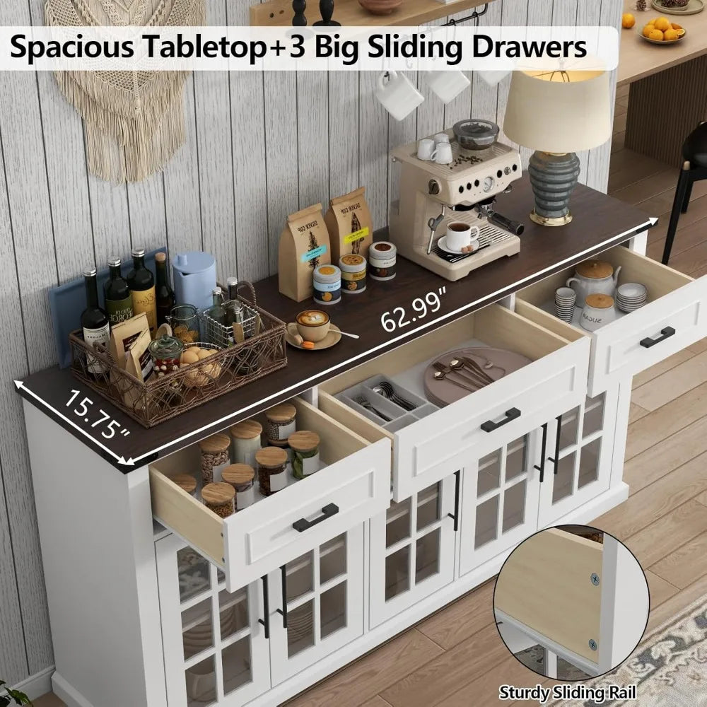 Buffet Cabinet with Storage, 63" Large Sideboard Cabinet with 3 Drawers & 5 Glass Doors, Modern Farmhouse Kitchen Cabinets Buffe