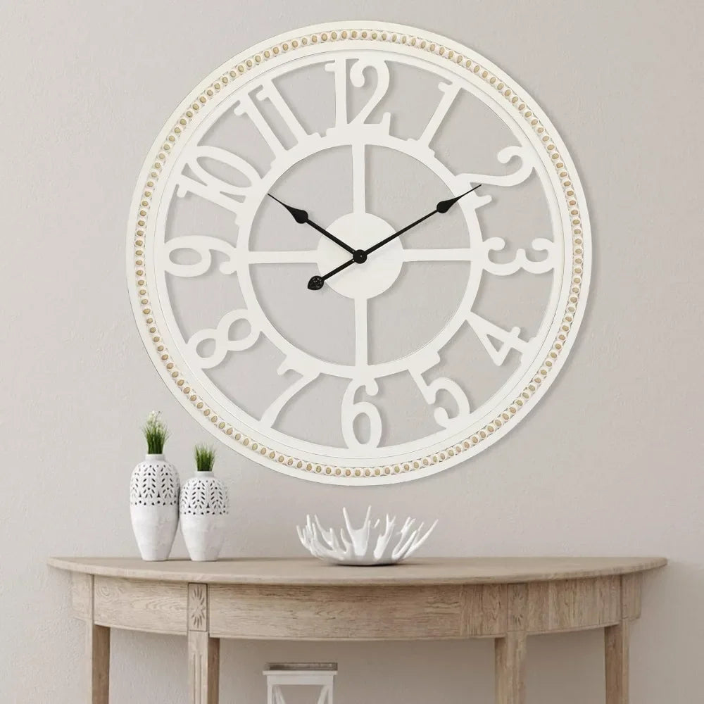 Farmhouse Wall Clock 30 Inch, Large Wall Clock with Boho Beads, Wooden Silent Wall Clocks Battery Operated Easy Read,