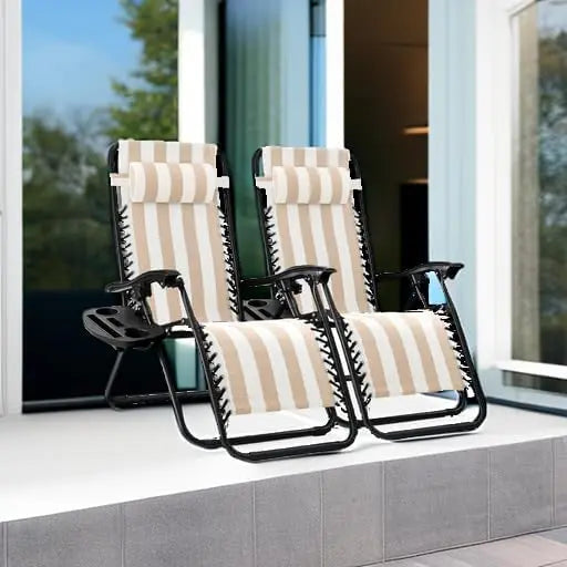 Set of 2 Adjustable Steel Mesh Zero Gravity Lounge Chair Recliners w/Pillows and Cup Holder Trays - Tan Striped