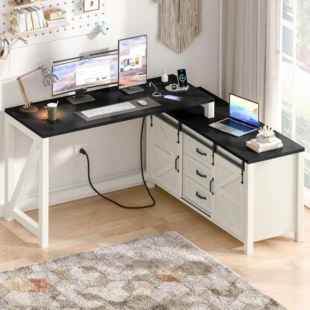 Executive L Shaped Office Desk with Drawers, Farmhouse Corner Desk for Home Office with Storage Cabinet, Computer Desk with Char