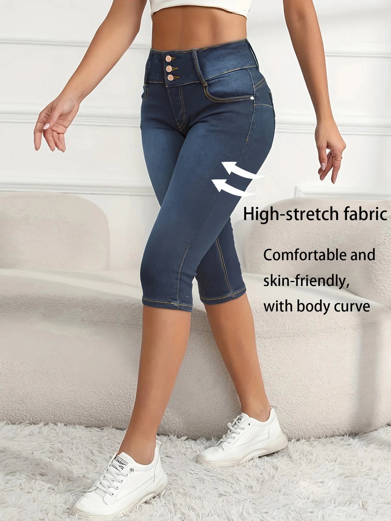 Women's High - Waist Stretch Denim Capri Jeans with Triple - Button Closure