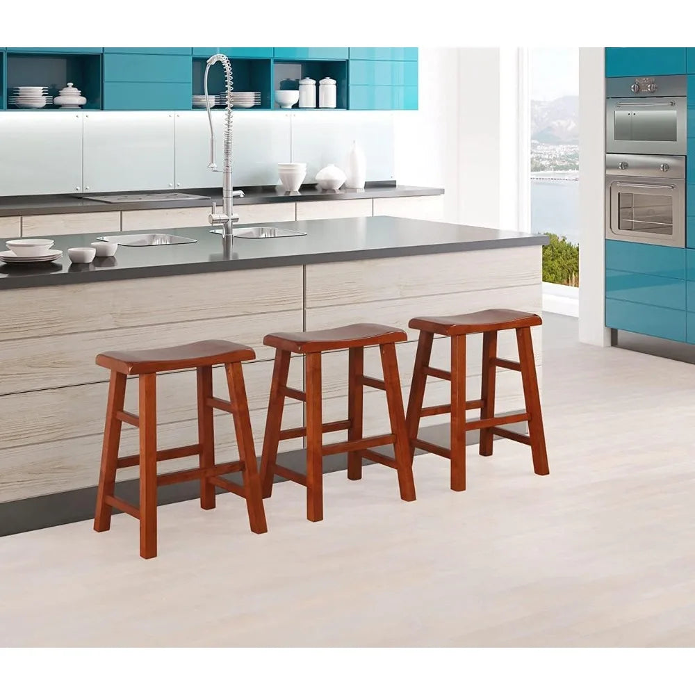 Heavy-Duty Solid Wood Saddle Seat Kitchen Counter Height Barstools, 24 Inches, Dark Oak, Set of 3