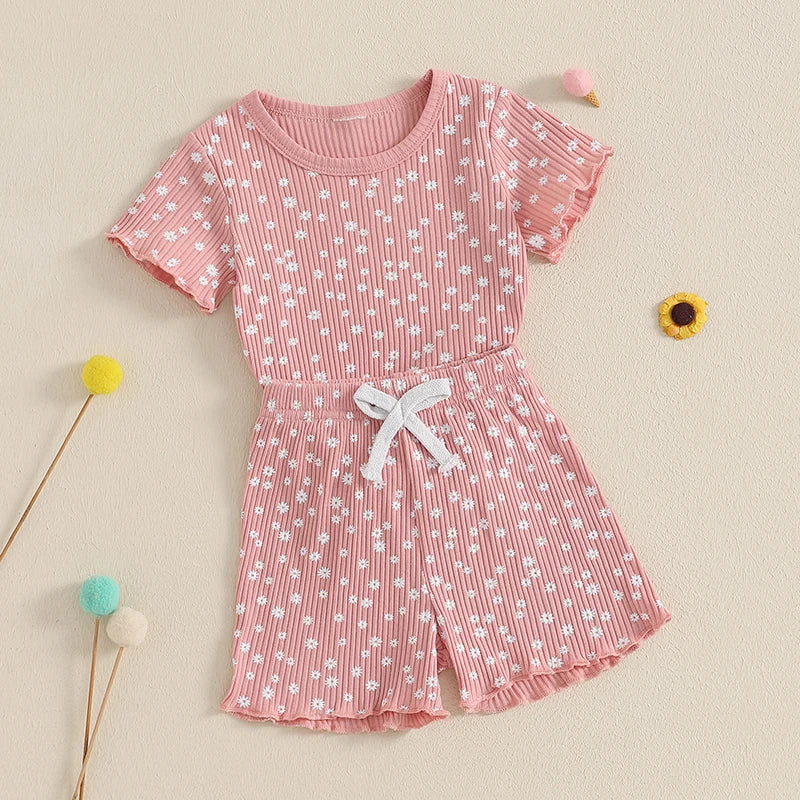 Girls Sleeveless Tank Top and Denim Shorts Set Casual Summer Outfit with Floral Print and Frayed Hem
