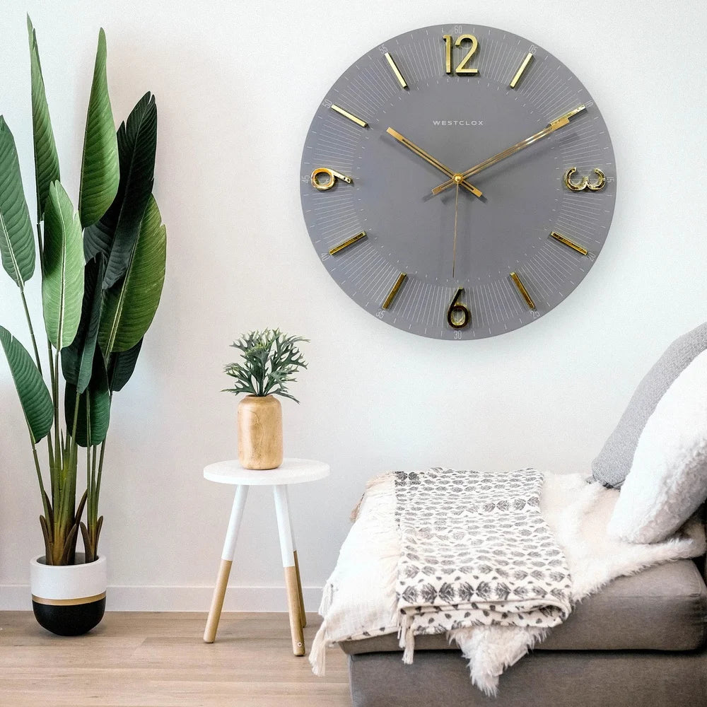 Contemporary 16 Inch Analog Wall Clock Gray with Raised Gold Numbers Quartz Movement Home Office Decor