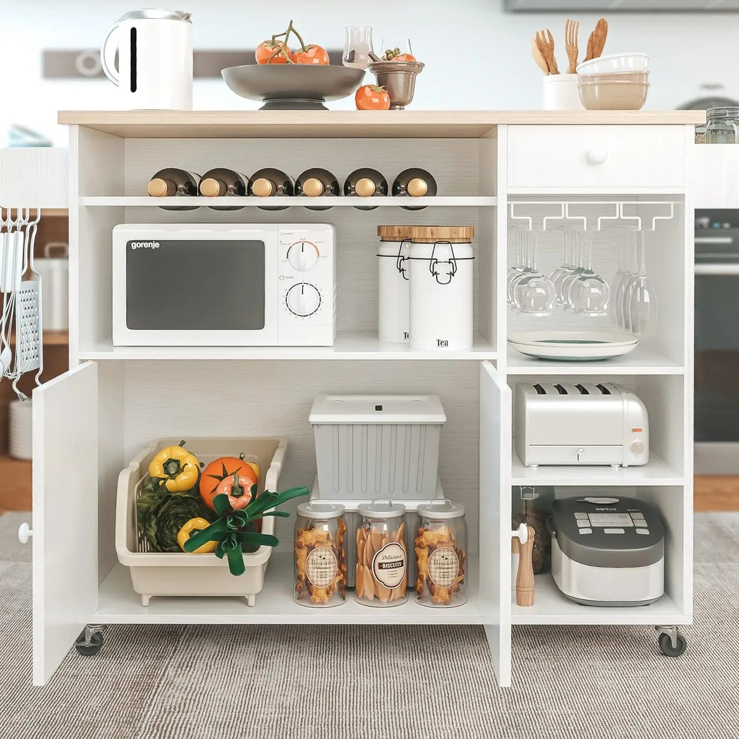 IRONCK Rolling Kitchen Island Cart with Drop-Leaf & Wine Rack Drawer Shelves&Spice Rack, Microwave Rack Serving Cart on Wheels