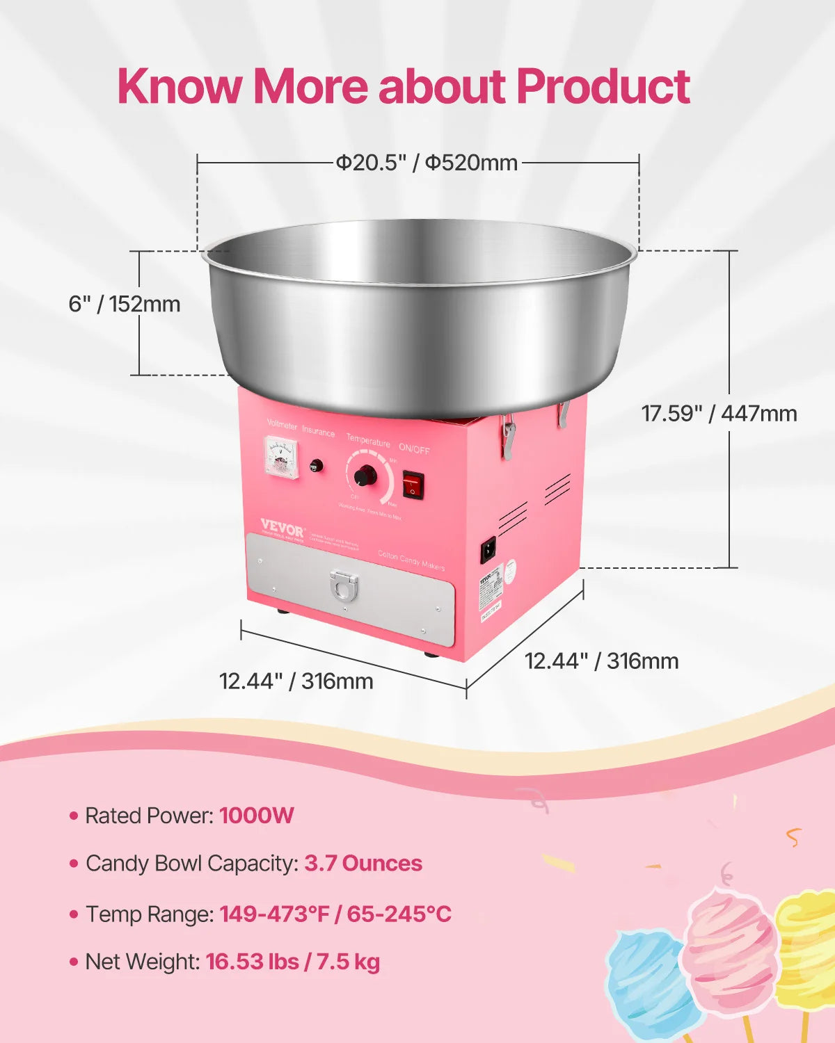 VEVOR Electric Cotton Candy Machine 1000W Commercial Candy Floss Maker with 20.5 in Stainless Steel Bowl Easy Home Use for Party