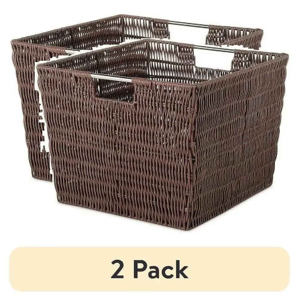 Storage Tote Basket Set of 2 Portable Rattique Woven Plastic Organizer Metal Handles Bath Beauty Toys Compatible