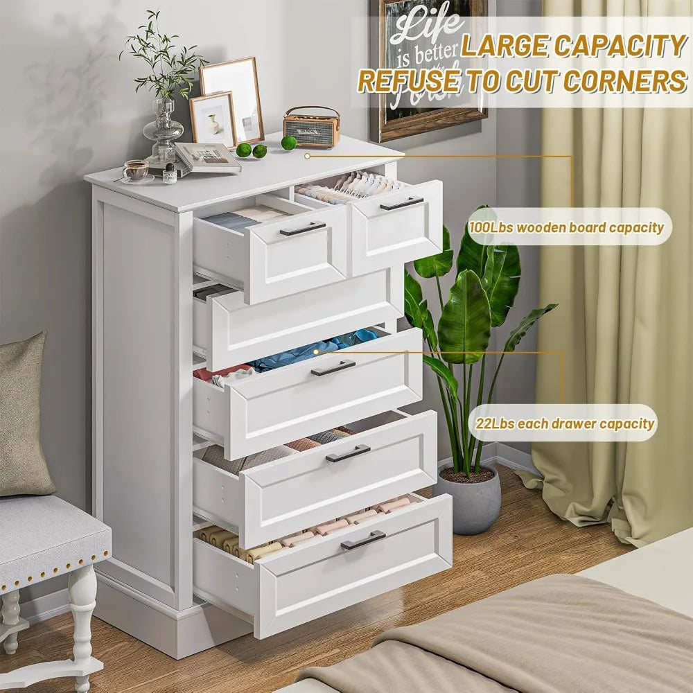 Odeekea White Dresser with 6 Drawers, Vertical Tall Dresser for Bedroom, Wood Dresser for Hallway, Living Room, Chest of Drawers