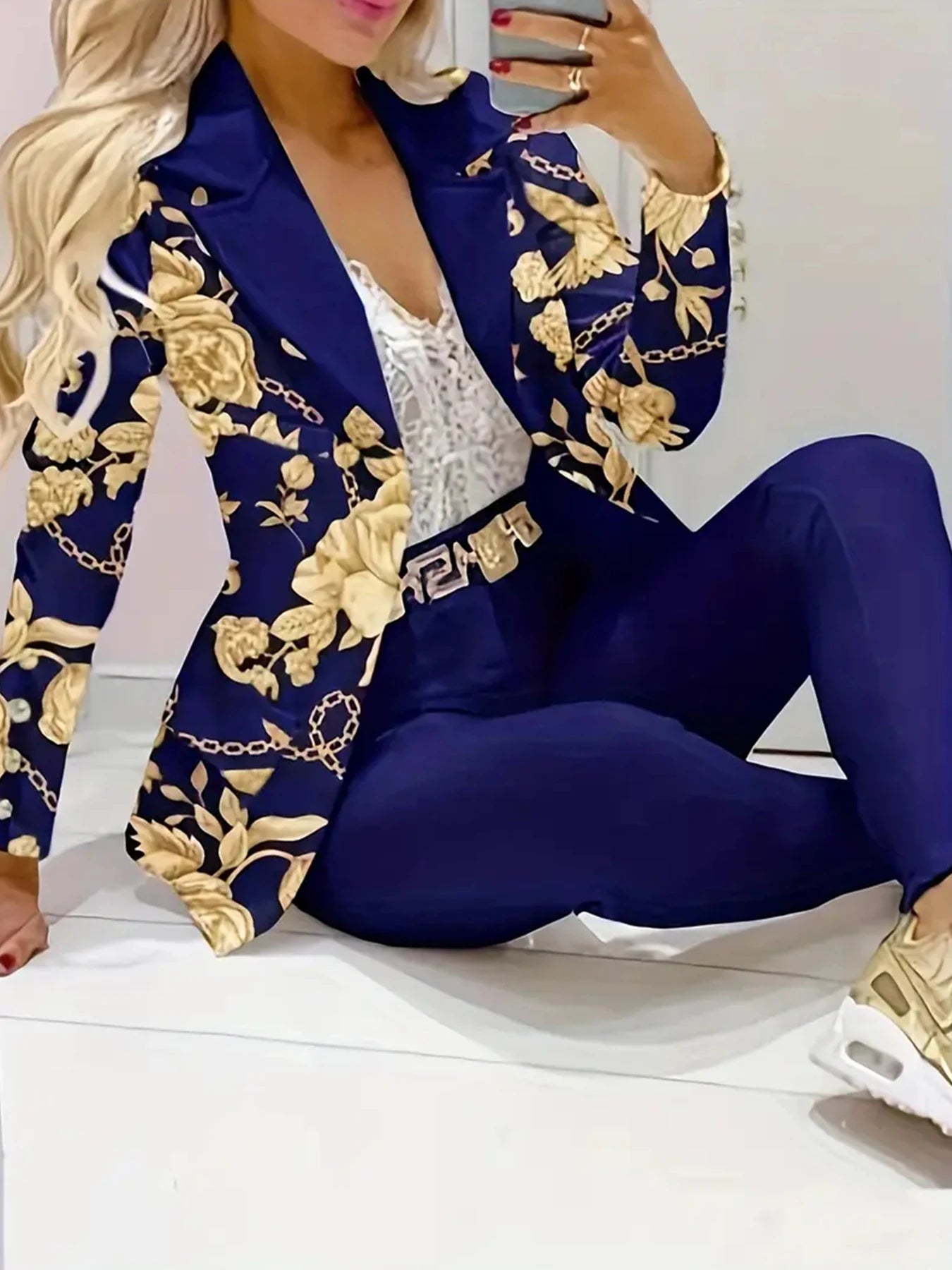 Women's Business and Leisure Two-Piece Suit Set, Solid Color Long Sleeved Double Breasted Suit Jacket and Floral Printed High Wa