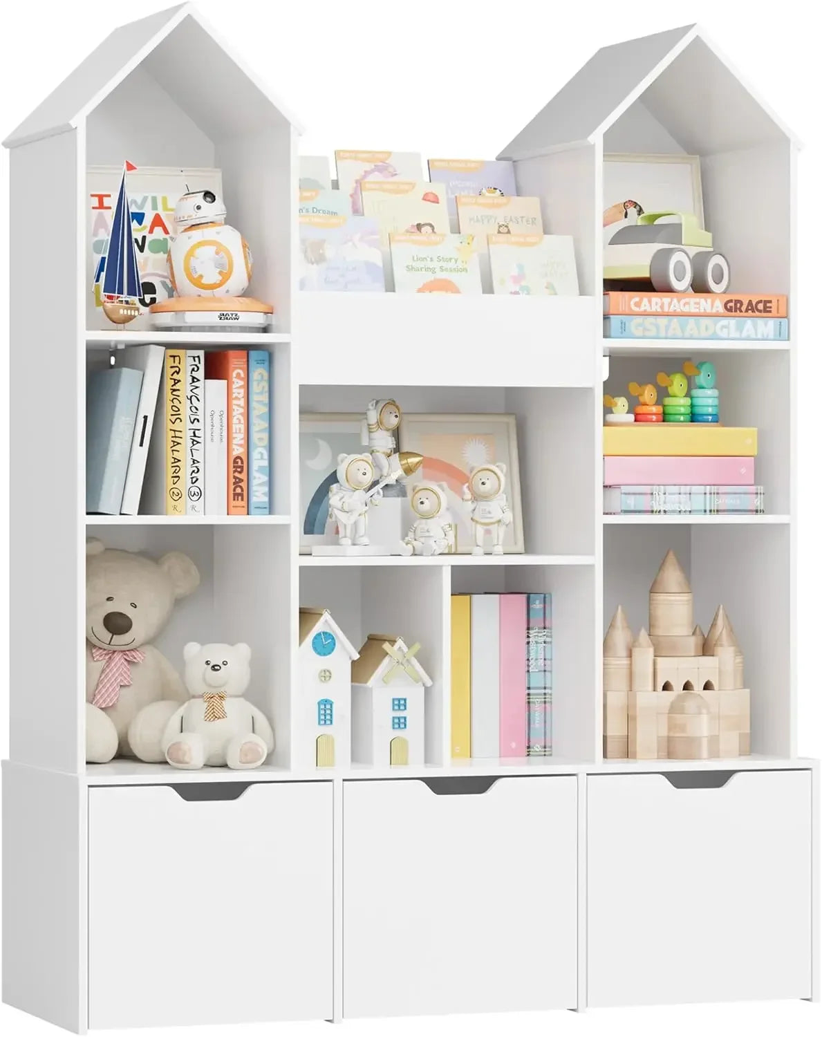 Toy Storage Organizer with Castle RoofLarge Kids Bookshelf Dollhouse with 3 Movable Drawers and 9 Storage Cubbies Toy Organizers