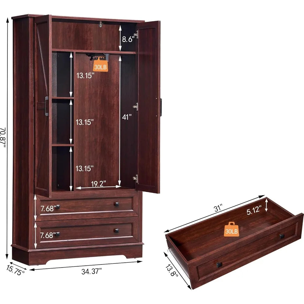 Wardrobe with 2 Drawer, 71 Inches Tall Armoire Wood Wardrobe with Multiple Storage for Bedroom, Living Room, Hallway