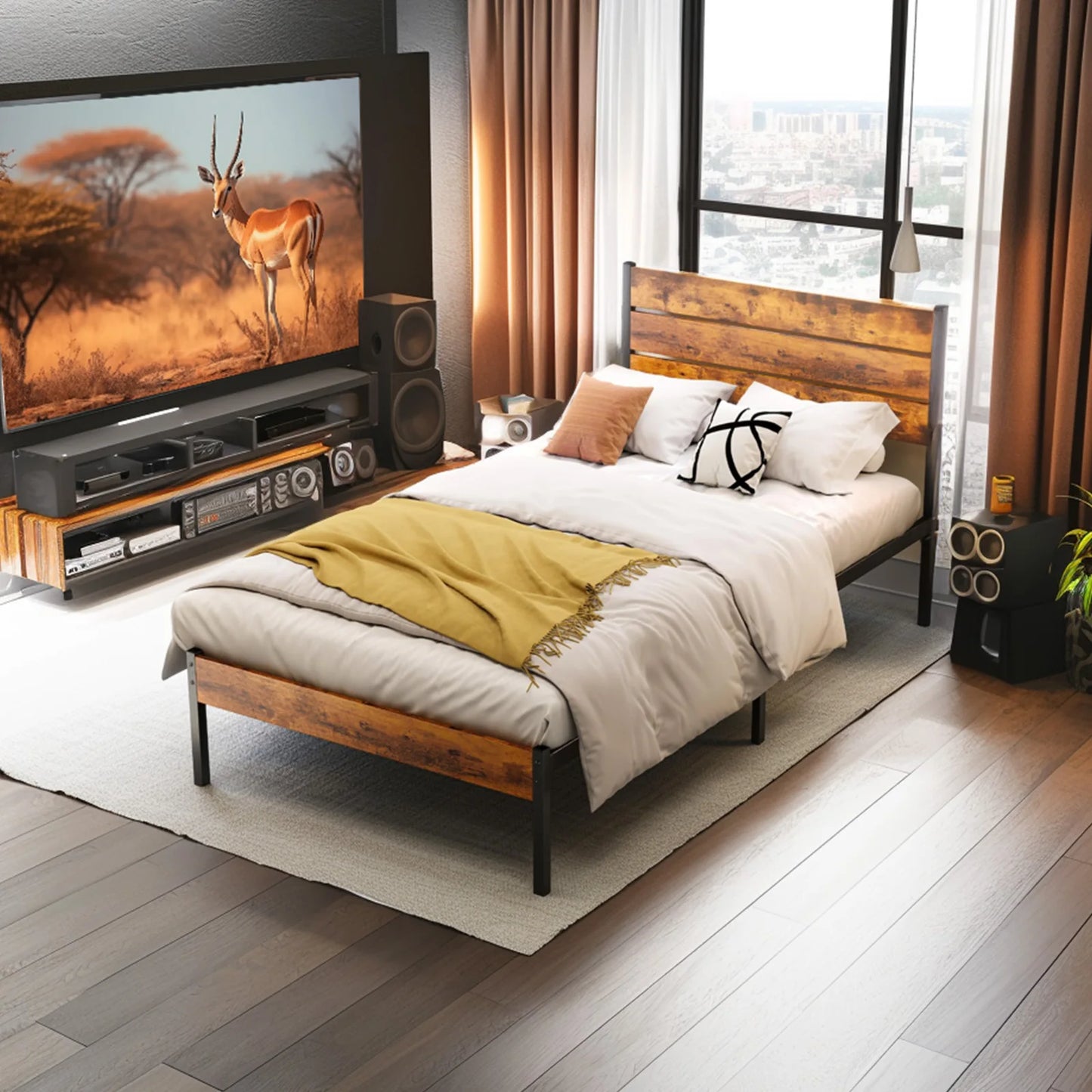 JHK Queen Size Metal Platform Bed Frame with Headboard and Footboard with 800LBS Sturdy Wooden Slats Support For Bed Room Home