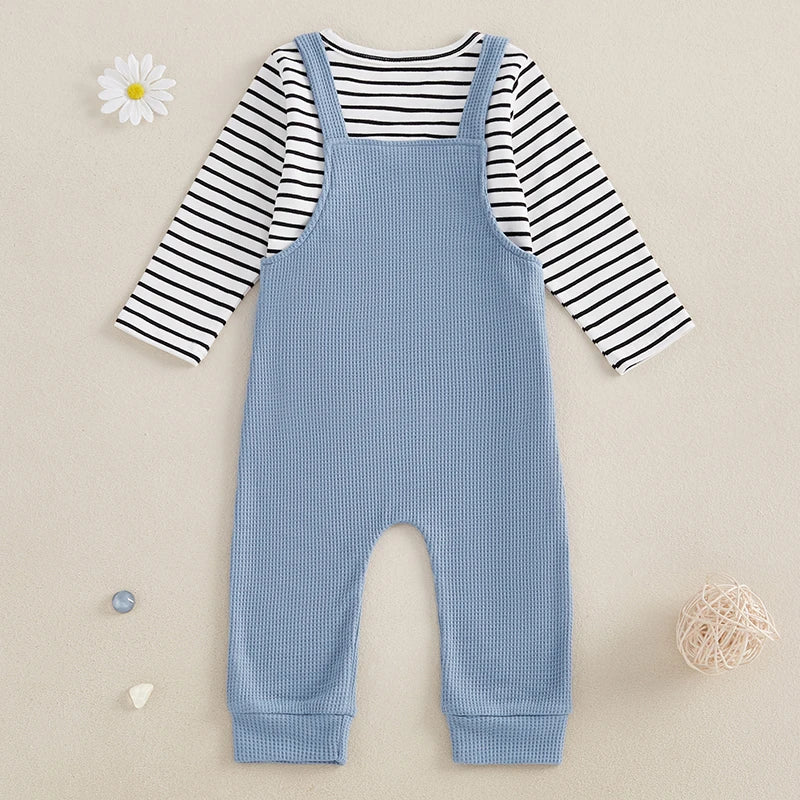 Boys 2-Piece Set Striped Long Sleeve Tee with Suspender Pants Fall Outfit for Kids