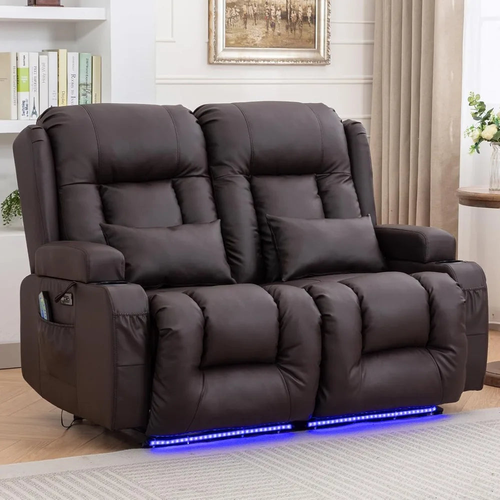 54" Power Loveseat Recliner Sofa, Electric Home Theater Seating with Massage Heat/4 Colors Ambient Lights/USB Port/Side Pocket/
