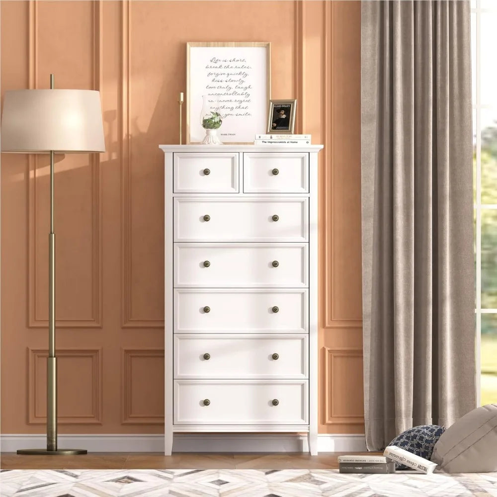 White 7 Drawer Tall Dresser, Tall Solid Wood Large Storage Cabinet, Modern Simple White Tall Chest of Drawer for Bedroom Living