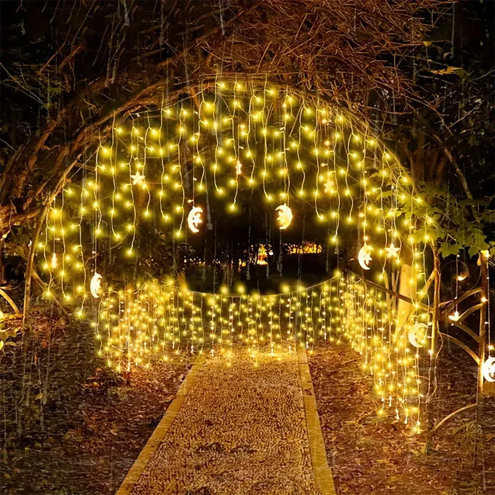 Solar Icicle Curtain Lights Outdoor Waterproof Eaves Light String 8 LIghting Modes 2025 Garden New Year Ramadan Decoration