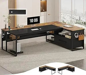 "Reversible L-Shaped Corner Desk for Executives with Spacious File Drawers and Integrated Power Outlets"