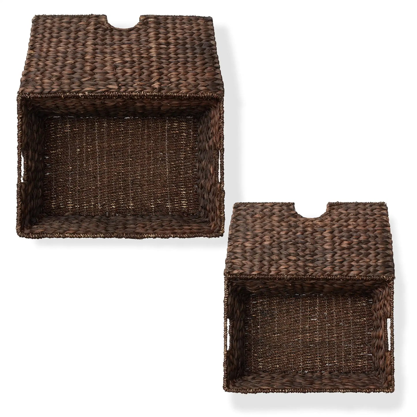 Set of 2 Water Hyacinth Storage Baskets (Medium/Large), Multipurpose Organizer Totes with Tapered Bottoms and Removable Lids