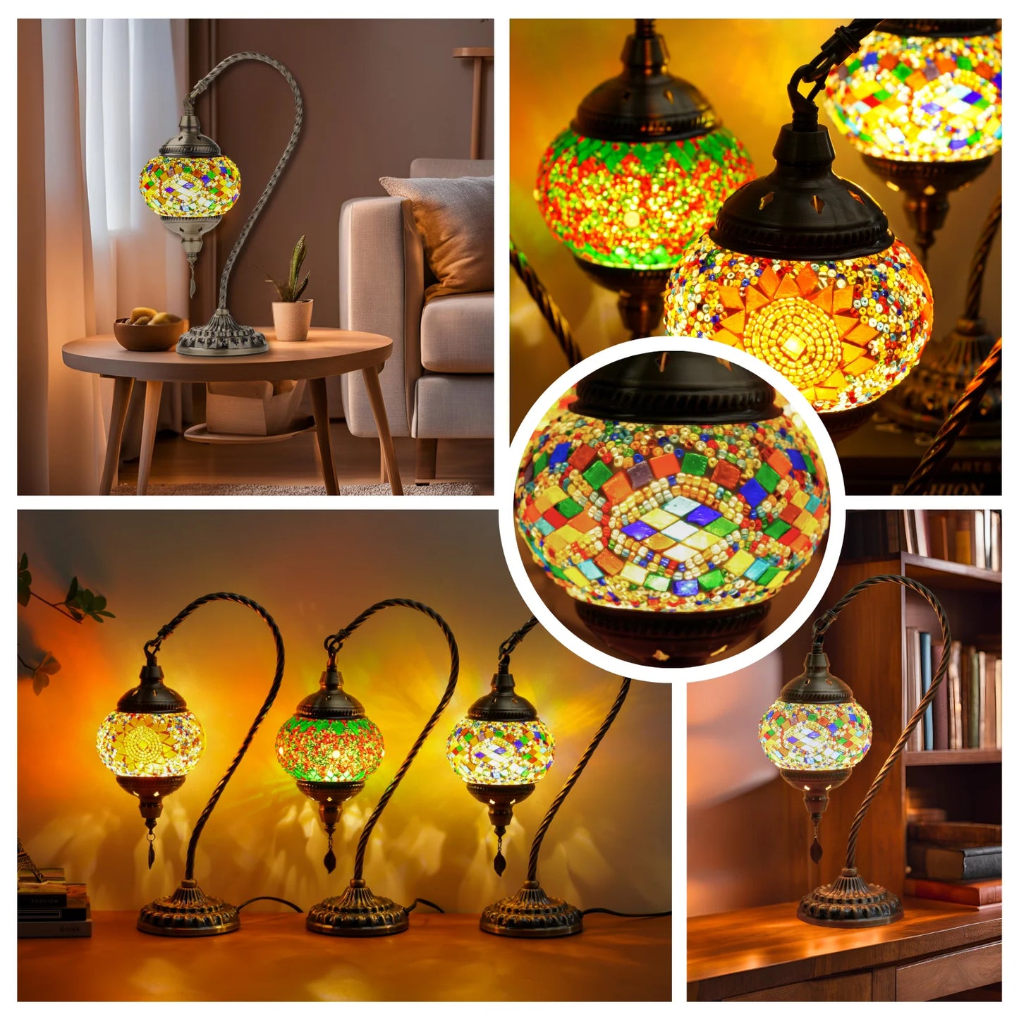 Turkish Moroccan Lamp, Mosaic Swan Neck Design, Demmex Crafted, Glass Material, For Home Decor, Living Room ,Bedroom