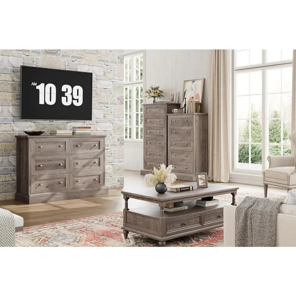 Modern 6 Drawer Double Dresser, Wood Dresser Chest, Wide Chest of Drawers with Deep Drawers & Mental Double Handles for Hallway