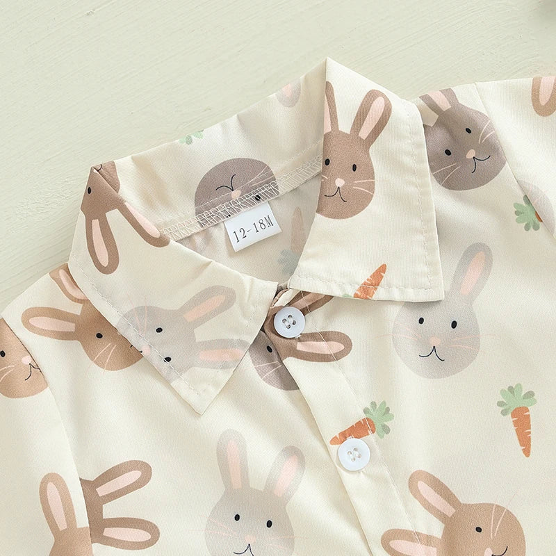Easter Bunny Print Toddler Boy Short Set with Short Sleeve Button-up Shirt and Elastic Waistband Shorts Featuring Pockets