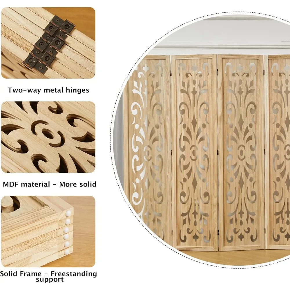 5.6Ft Room Divider Folding Wood Classical Carved Partition Screen for Home Office Garden - 6 Panels (Natural)