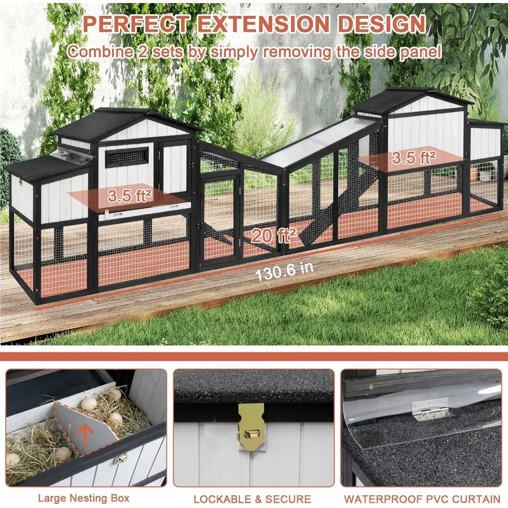 65.3" L Chicken Coop and Run, Wooden Hen House for 1-2 Chickens with Nesting Box, Tray, Perches Indoor/Outdoor Pet Hutch Backyar