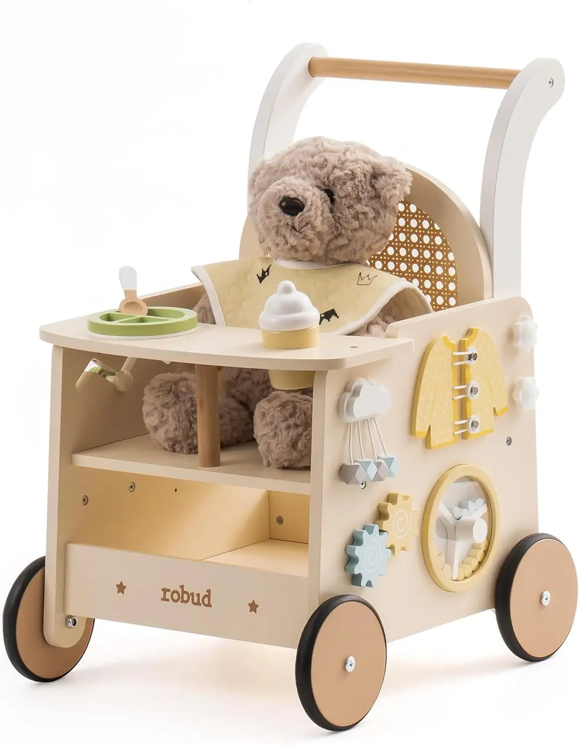 Robotime Robud Wooden Baby Walker Baby Doll Stroller Walkers Baby Push Along Walker with Safety Brake for 10+ Months