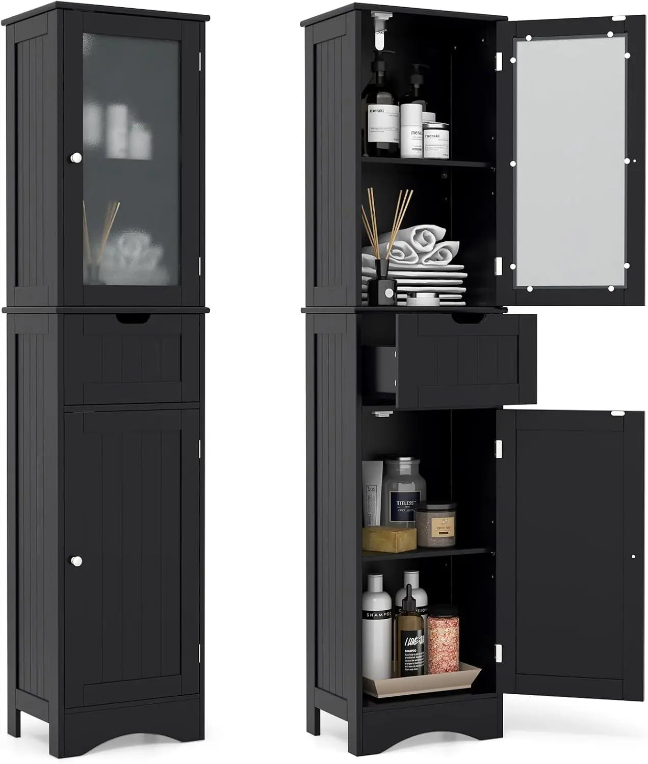 all Bathroom Storage Cabinet, Slim Freestanding Tower w/ 2 Doors & 1 Drawer, Narrow Floor Cabinet w/Adjustable