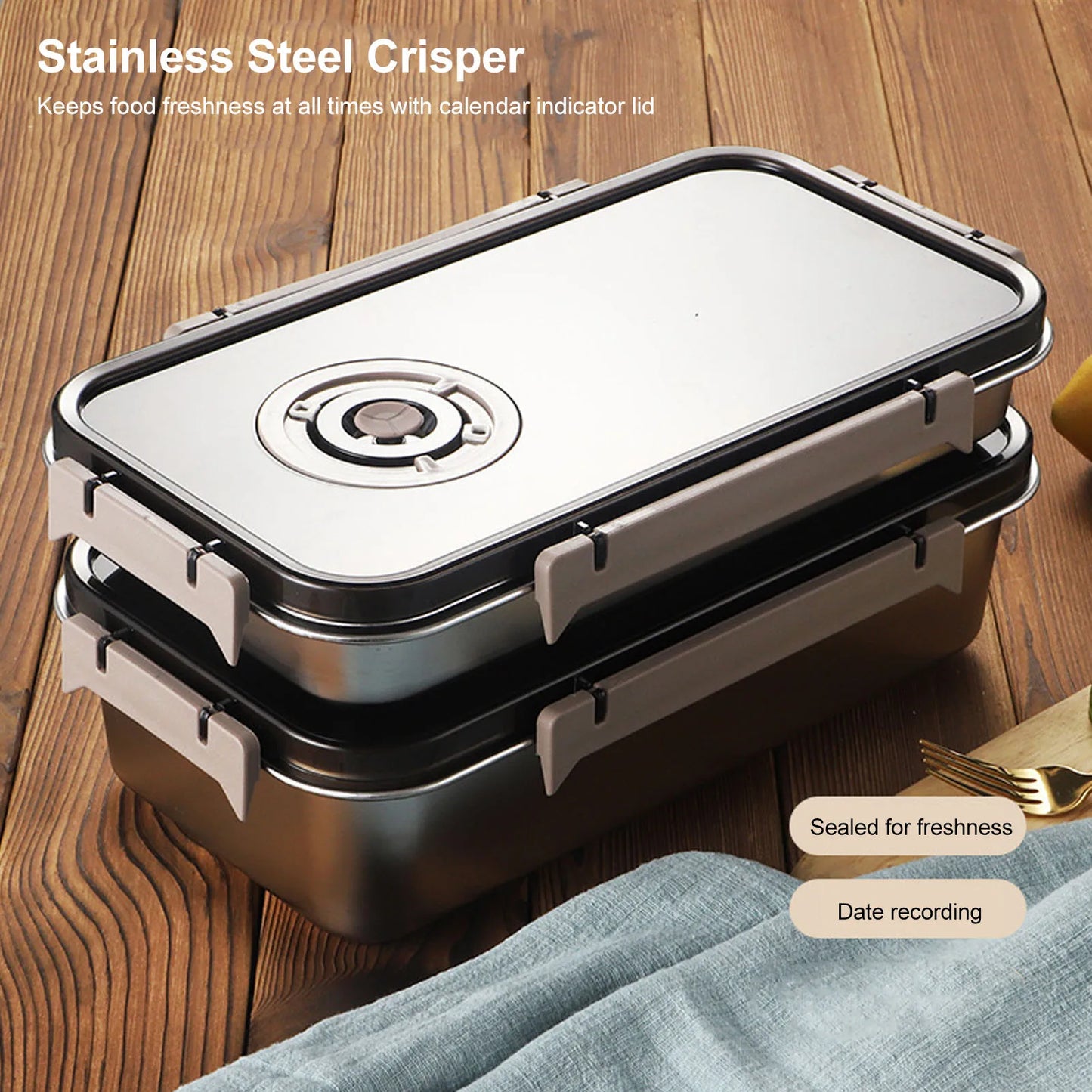 3pcs Stainless Steel Crisper Professional High Capacity Airtight Microwaveable Fridge Food Storage Container
