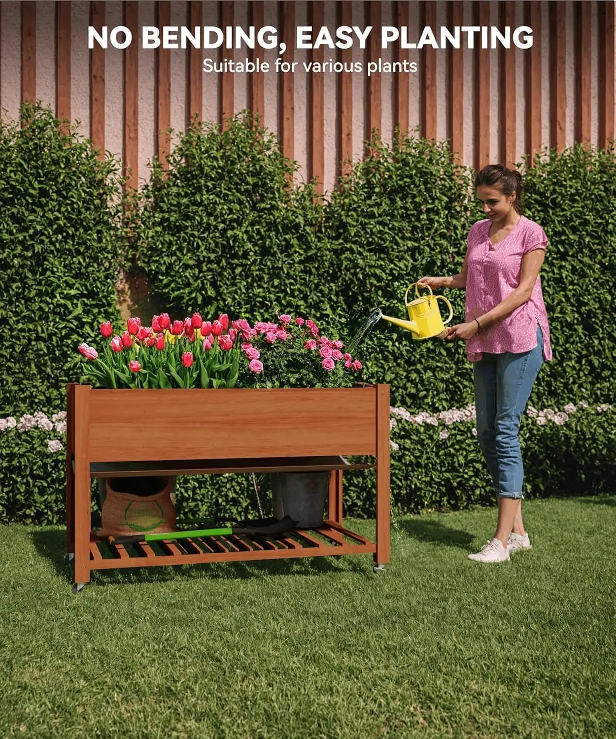 48x24x30inch Raised Garden Bed Mobile Elevated Wood Planter with Lockable Wheels Storage Shelf for Patio Deck Balcony Fruits