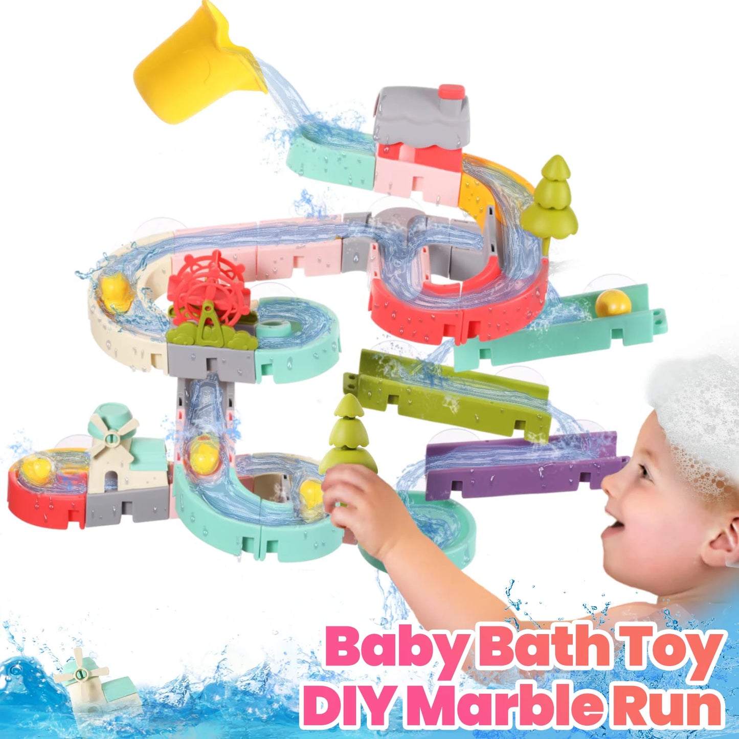 86Pcs Baby Bath Toy Diy Marble Run Suction Cups Waterwheel Set Assembling Track Bathroom Bathtub Kids Water Game Toy for Toddler