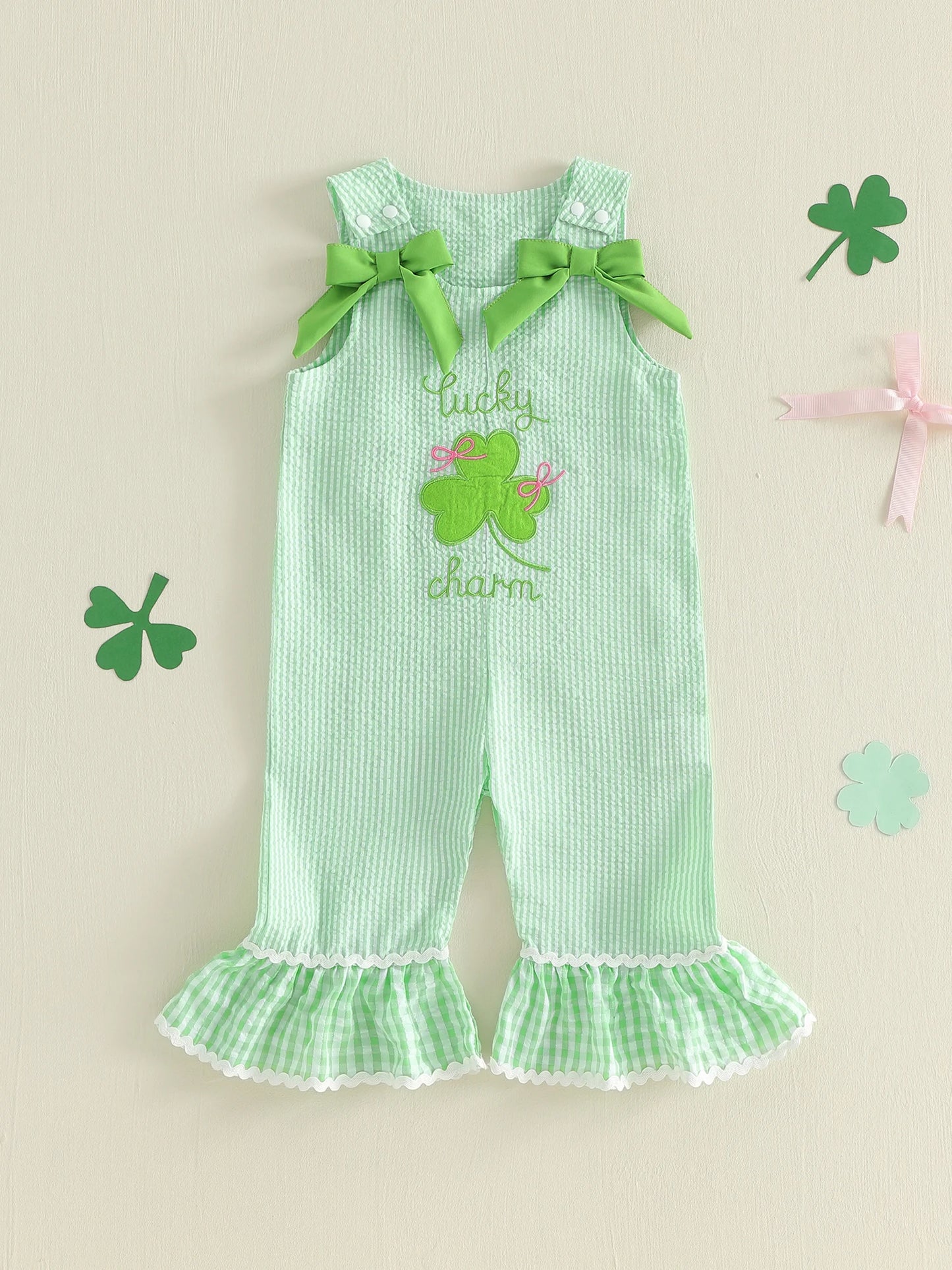 Stylish Girls St Patrick s Day Overall Jumpsuit with Sleeveless Design Embroidered Clover Detail and Flared Pants