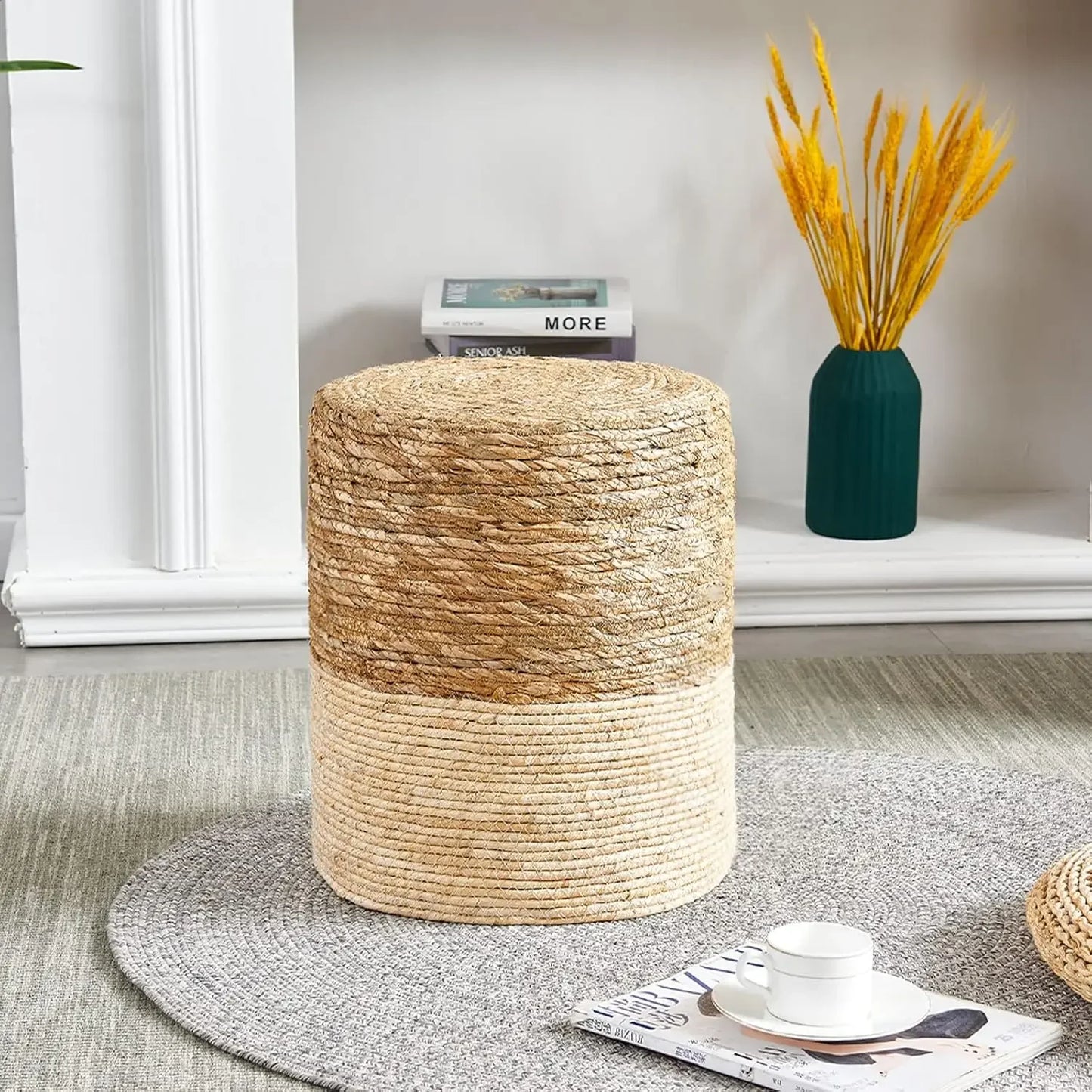 Pouf Ottoman, 100% Handwoven Seagrass Braided Pouffe, Boho Decor Floor Chair for Couch or Desk, Round Footrest with Wood Frame