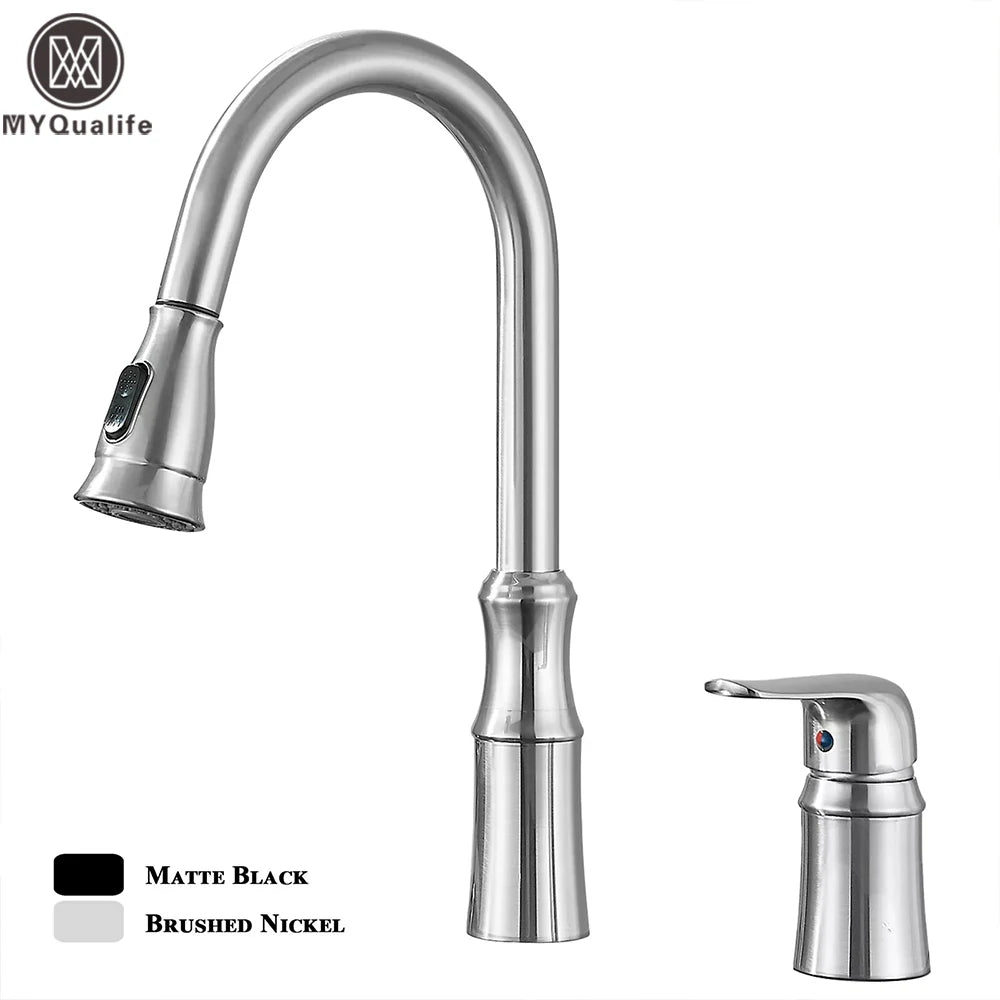 Matte Black Kitchen Sink Faucet with Pull Down Sprayer 1 Handle 2 Hole Mixer Tap Hot and Cold Taps