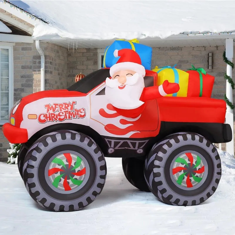 7.5 FT Length Christmas Inflatables Truck Outdoor Decoration Blow Up Santa Claus with Presents on Truck with Built-in LEDs