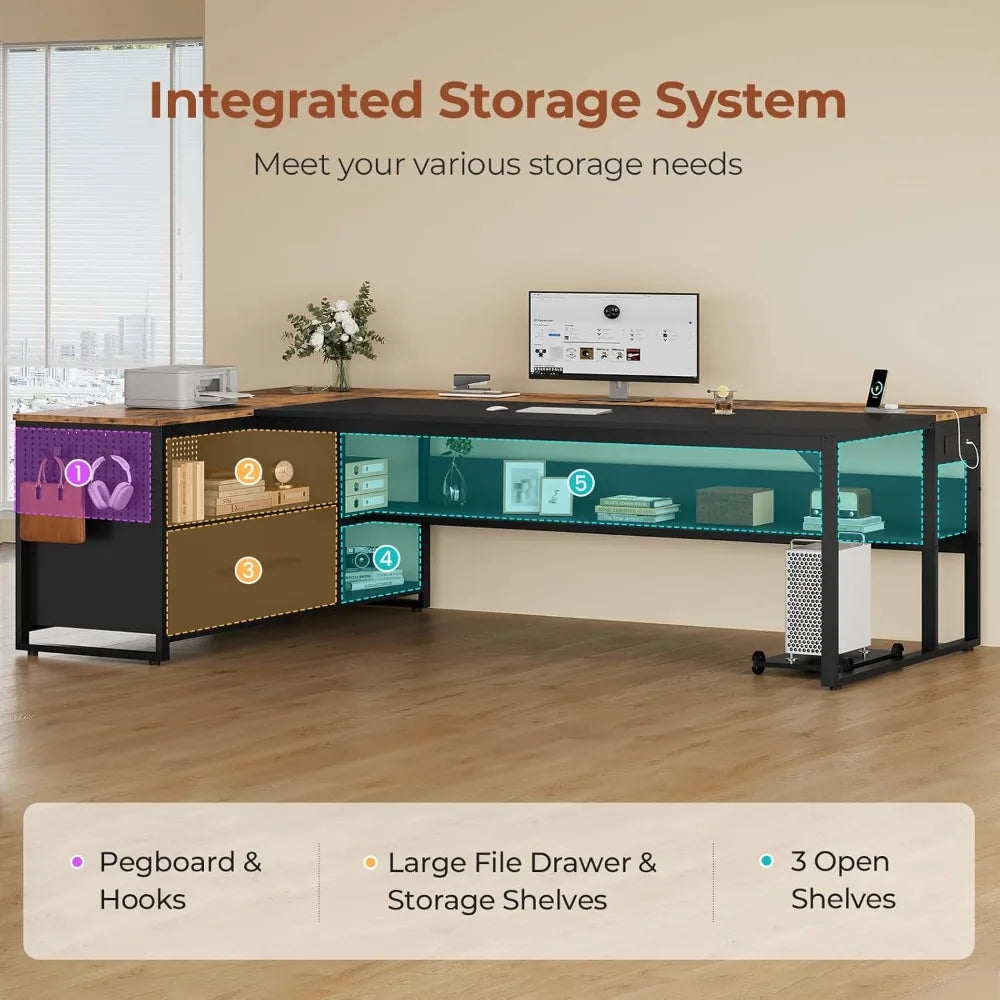 "Reversible L-Shaped Corner Desk for Executives with Spacious File Drawers and Integrated Power Outlets"