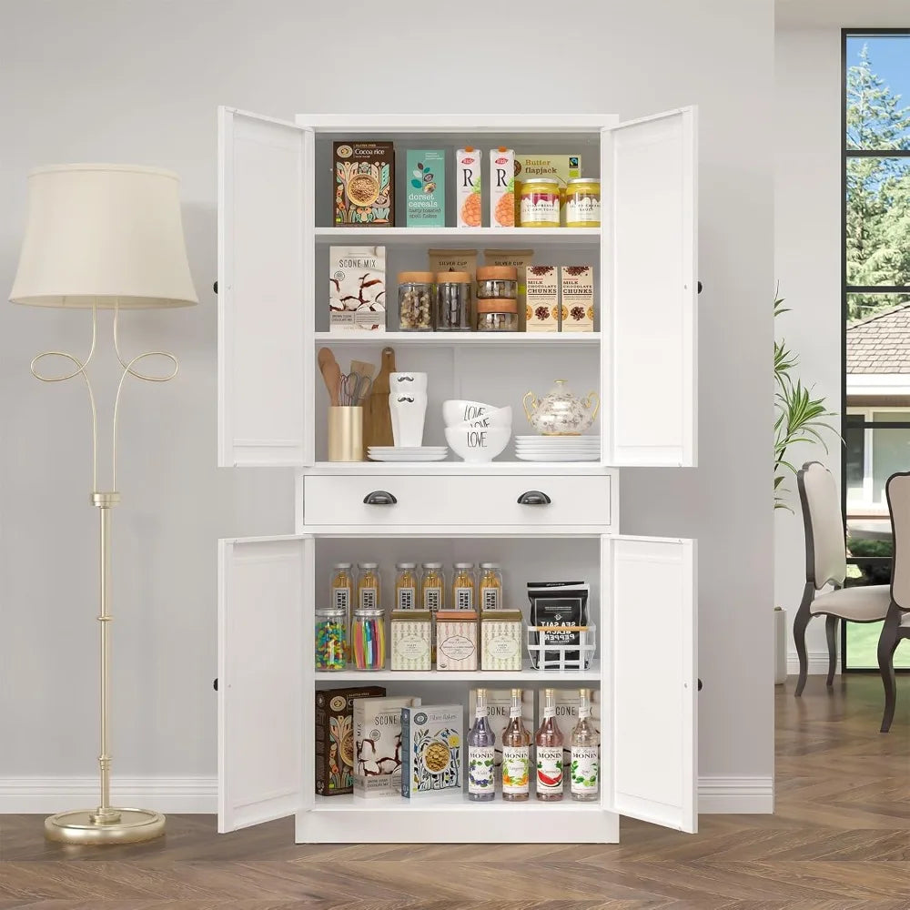 71” Food Pantry Storage Cabinet with Drawer,White Metal Kitchen Cupboard Cabinet with Doors and Adjustable Shelves