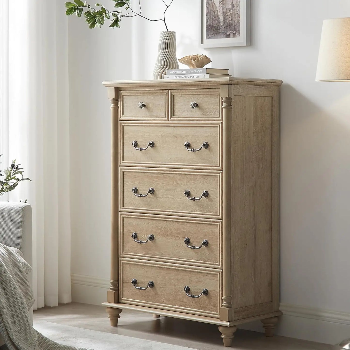 Farmhouse 6 Drawers Dresser Chests for Bedroom w/4 Solid Wood Feet &Column Decor, Tall Wood Rustic Chest of Drawers, Storage