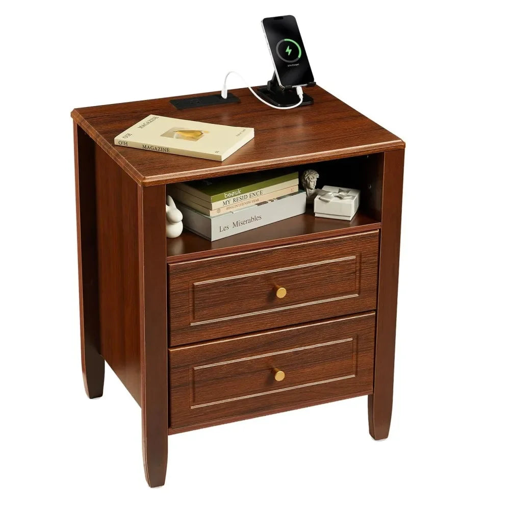 2 Drawer Storage Nightstand with Open Shelf, Modern Bedside Cabinet with Charging Station for Bedroom Home