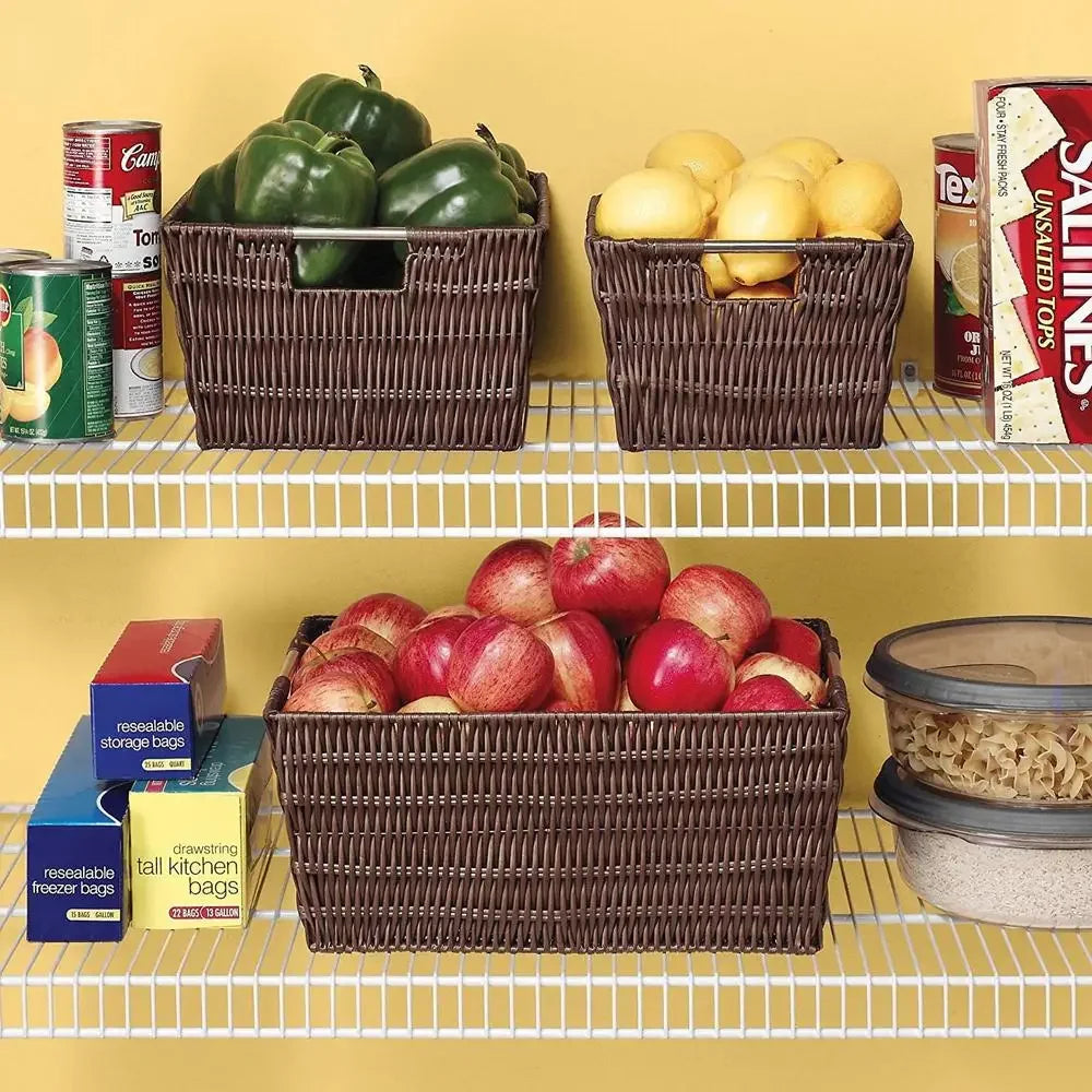 Storage Tote Basket Set of 2 Portable Rattique Woven Plastic Organizer Metal Handles Bath Beauty Toys Compatible