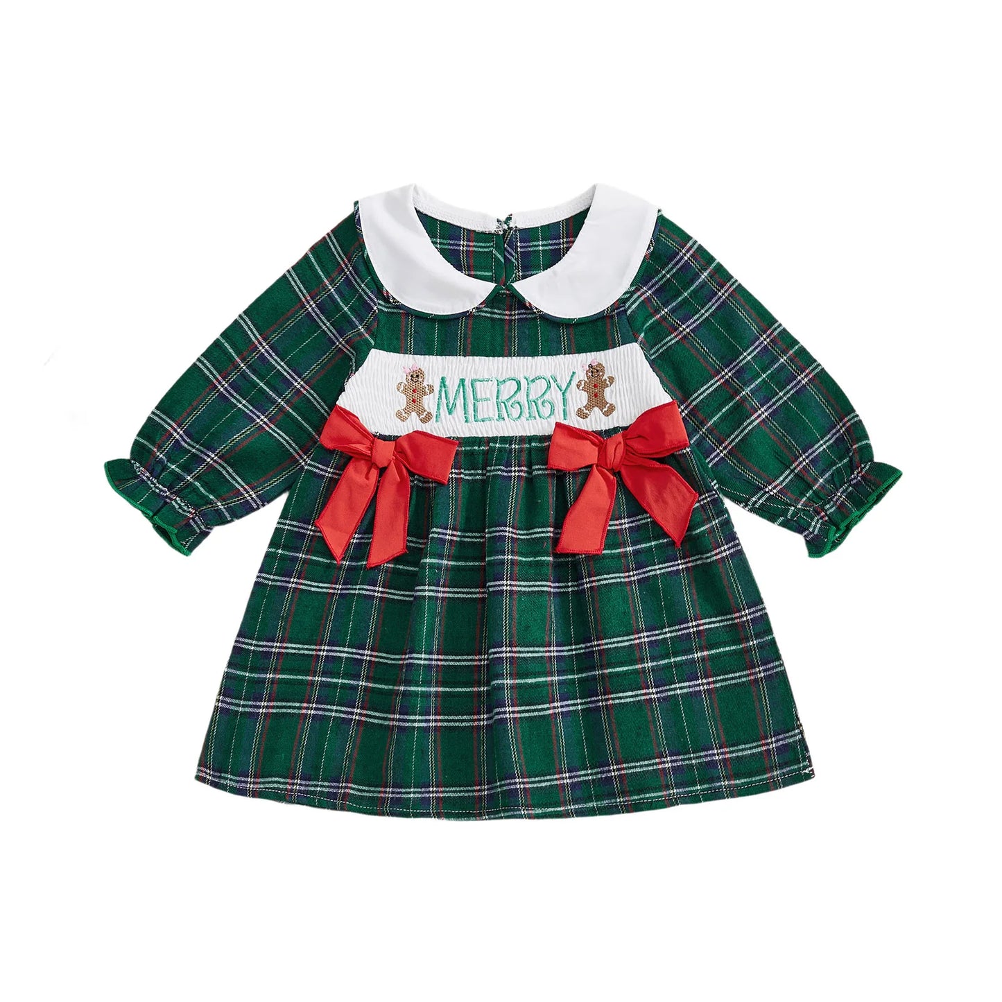 Winter Christmas Kids Toddler Baby Girl Dress Plaid Tree Collar Long Sleeve A-line Dress Bows Fall Xmas Clothes