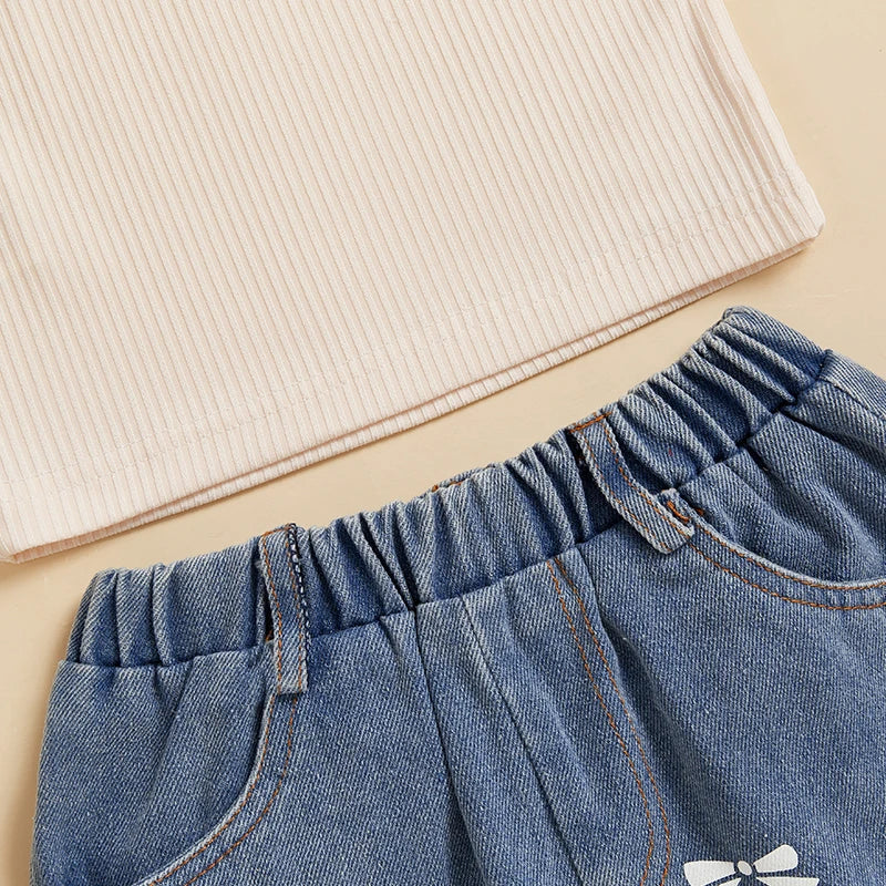 Adorable Toddler Girl Summer Outfit Ribbed Tank Top with Fly Sleeves and Bow Denim Skirt Set - Cute 2 Piece Clothes
