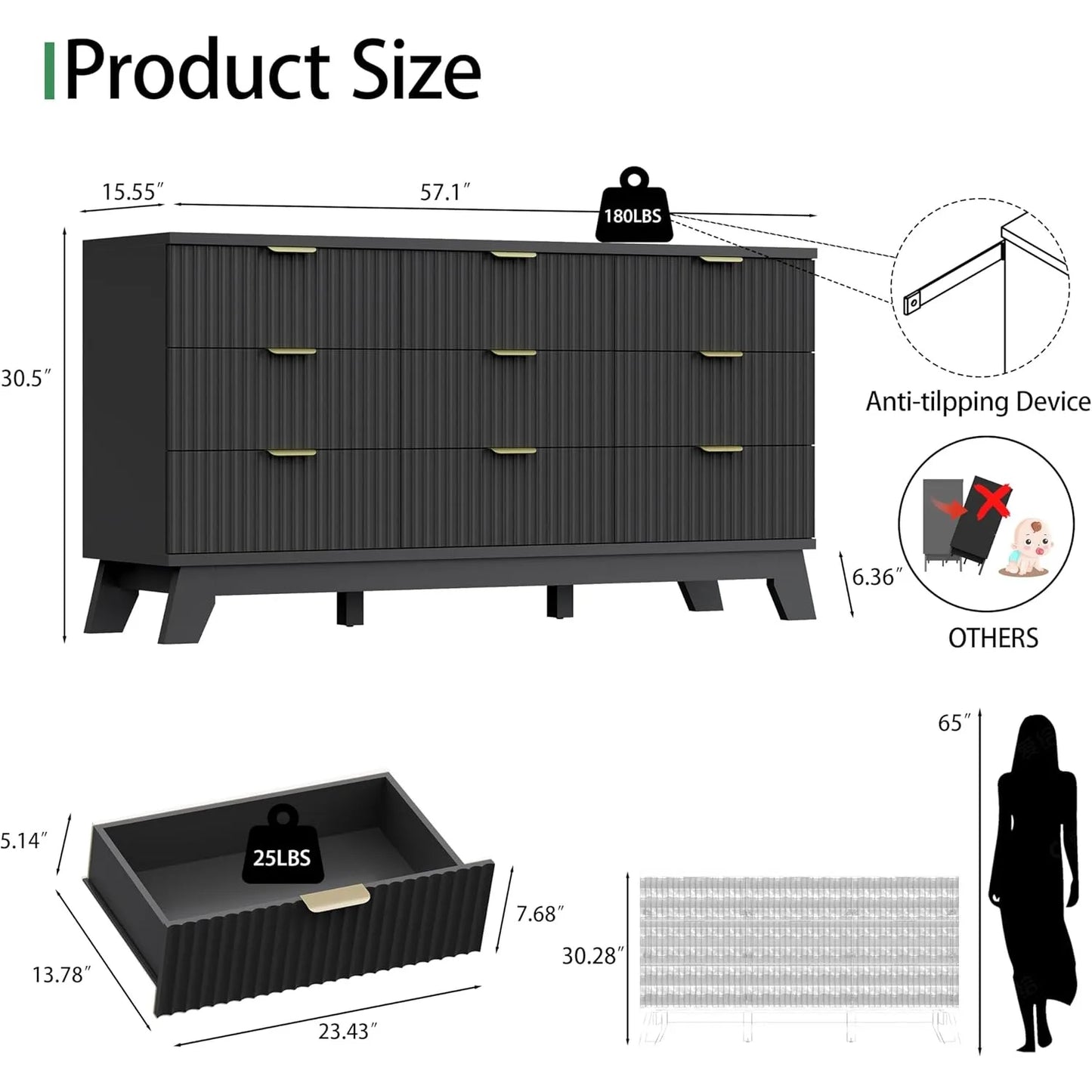 Fluted Dresser for Bedroom with 9 Drawers, 57" Wide Chest of Drawers with Metal Handle, Modern Wood Dresser TV Stand