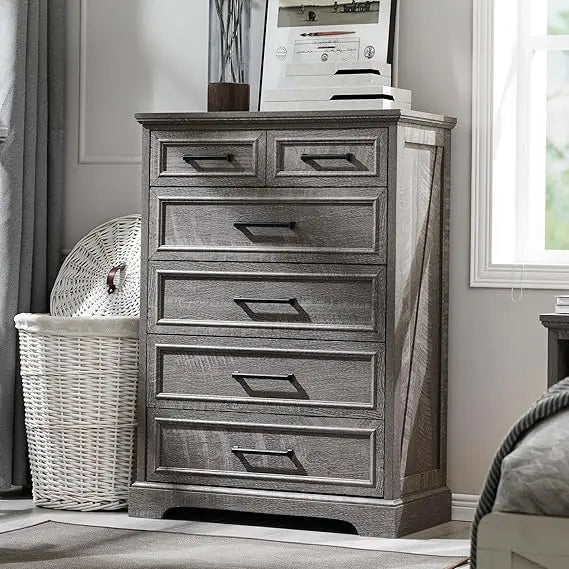 6 Drawer Dresser, Farmhouse Chest of Drawers for Bedroom, 44" Tall Kids Dresser with Large Metal Handles, Wood Drawer Organizer