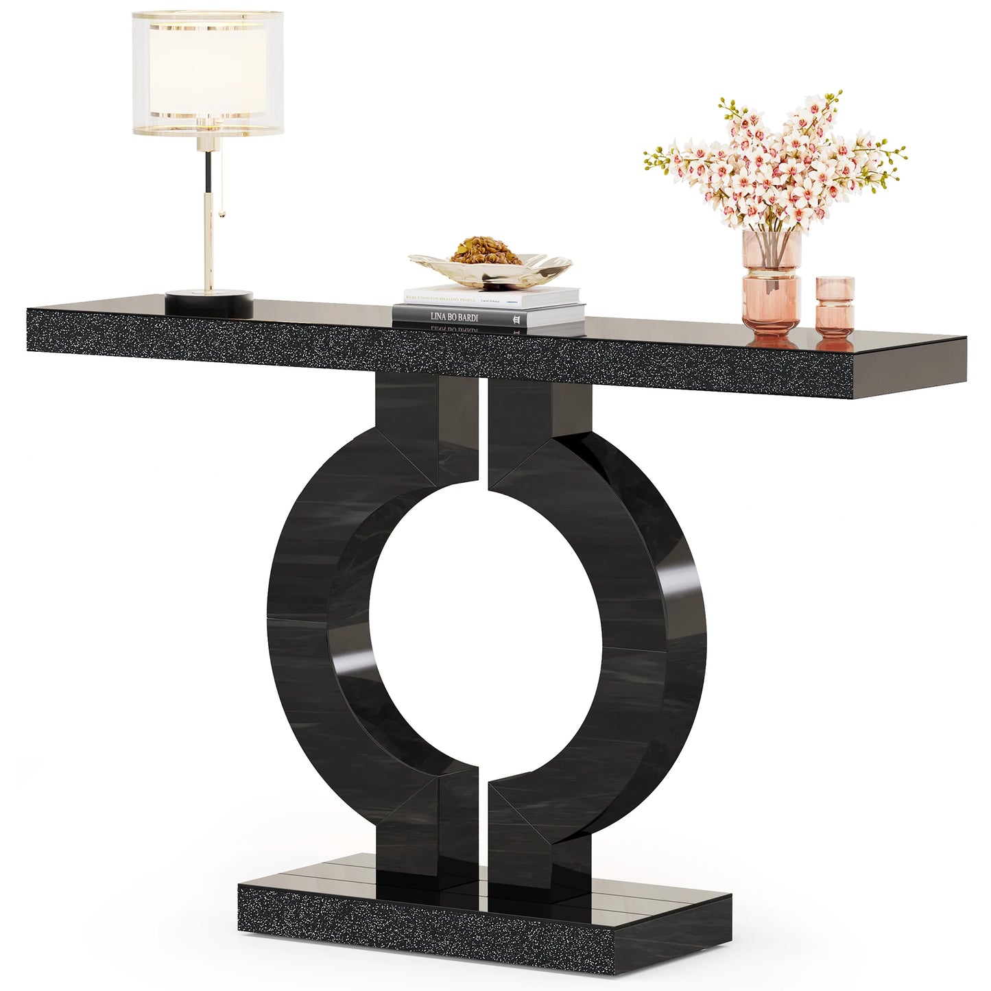43-Inch Modern Mirrored Console Table, Glass Sofa Table Entryway Table O-Shaped Base