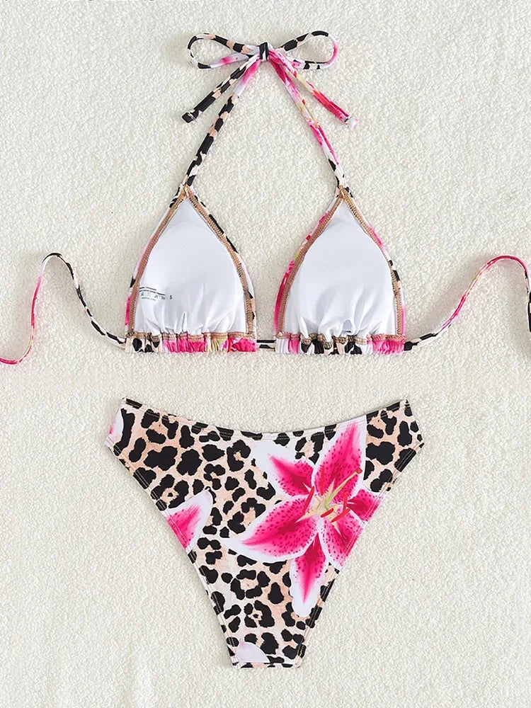 2025 New Summer Swimwear Bikini Set Sexy Print Backless Bikini 2 Piece Set Women Laced Up Split Swimsuit High Waist Beach Bikini